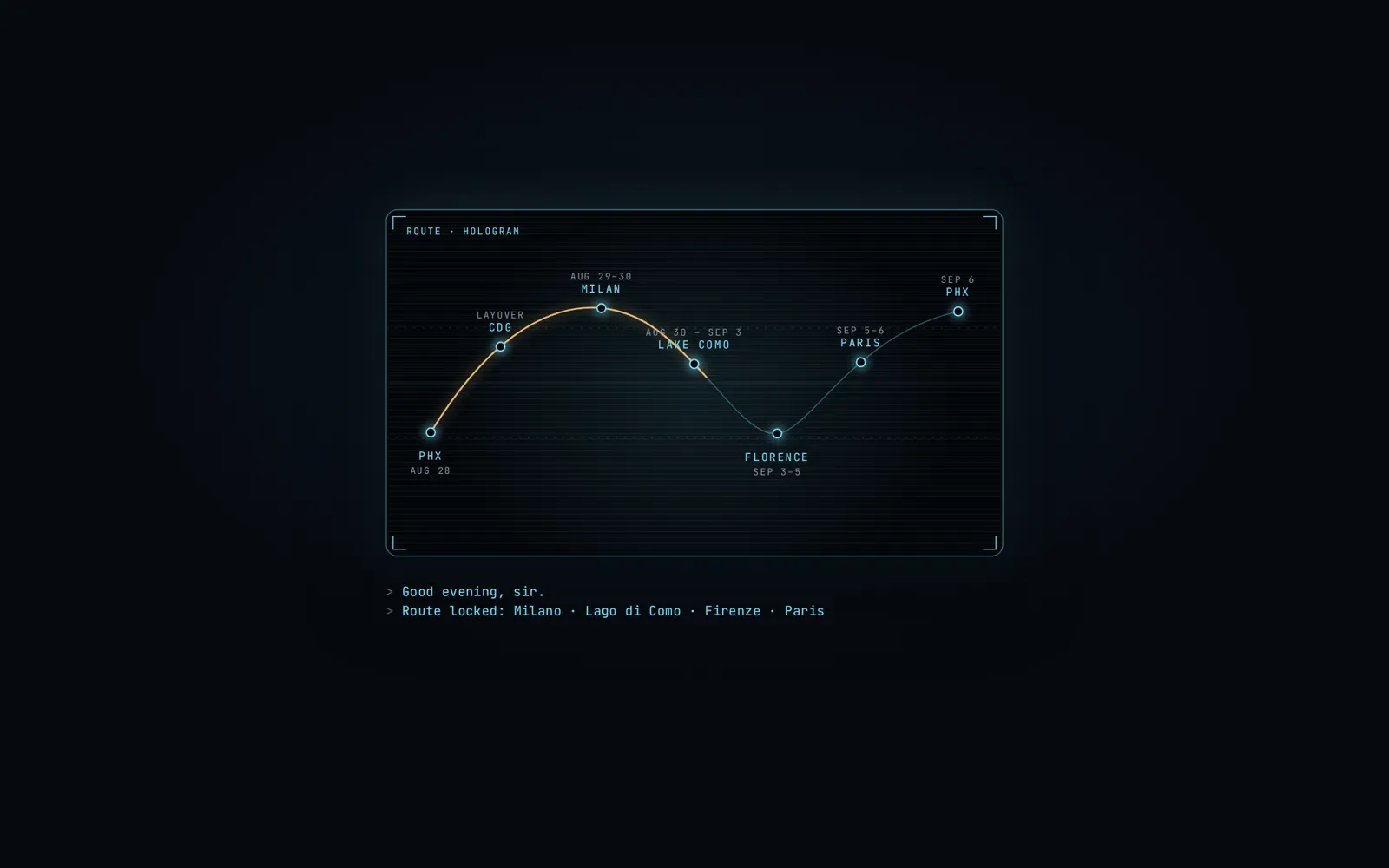 The loading screen: a route hologram drawn in code, Good evening sir typed underneath